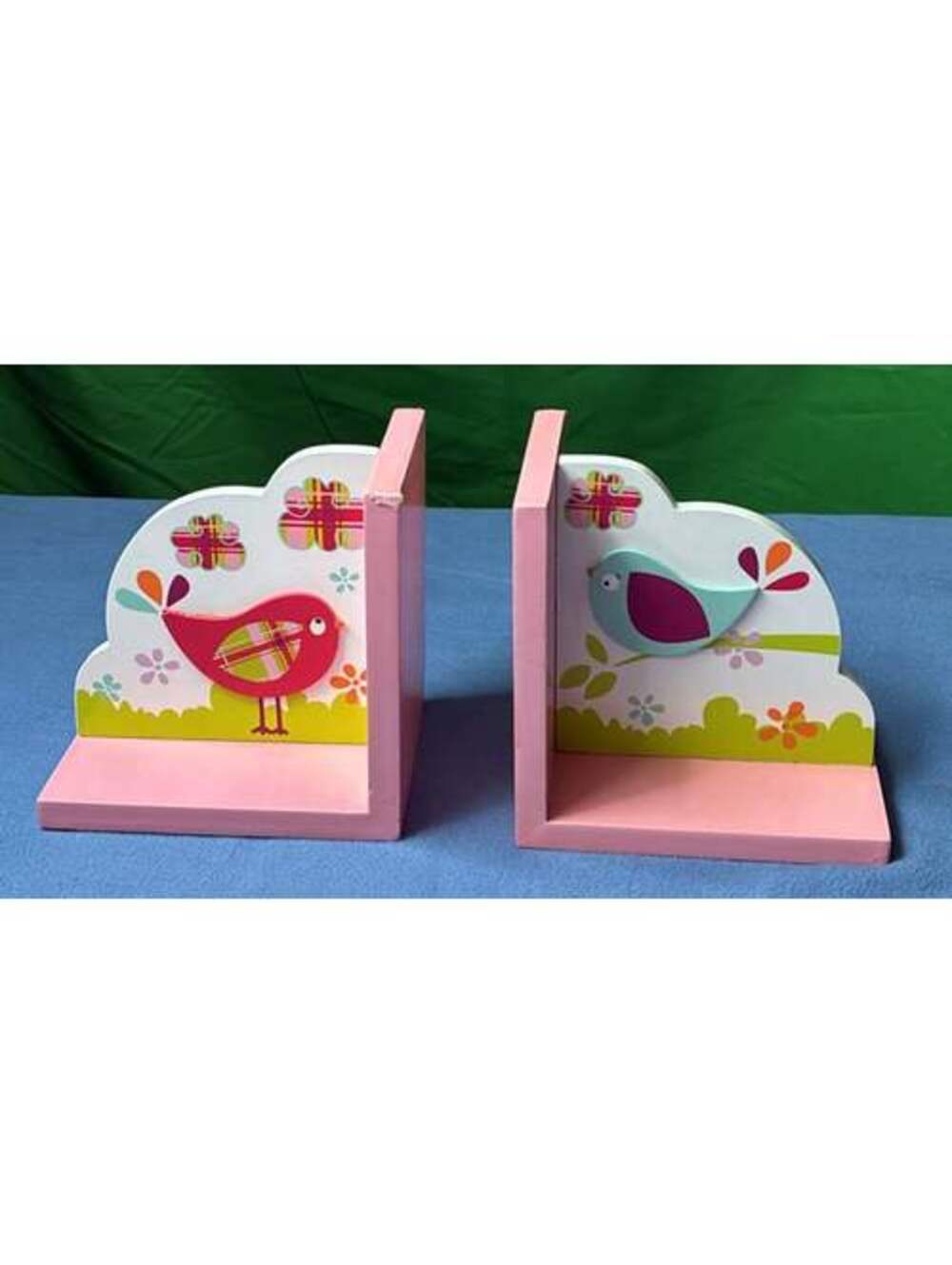 Pink Bird and Flower Wooden Bookends
